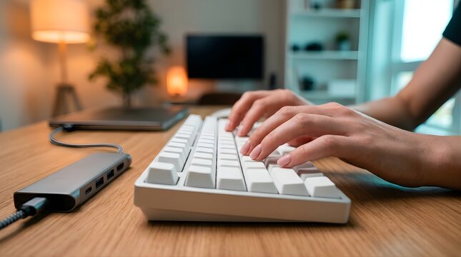 Person typing on white keyboard at home office desk with usb adapter
