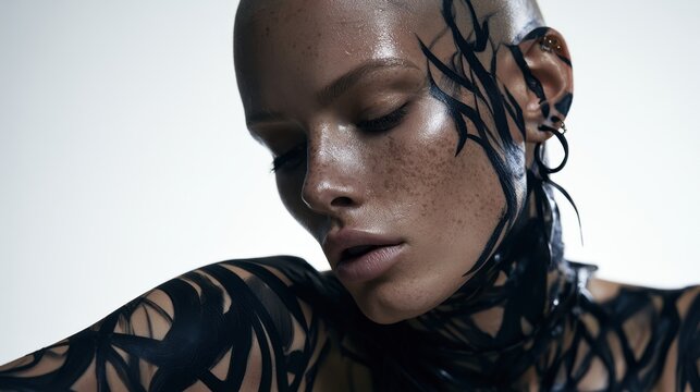 Close-up of a young woman with detailed black body paint and artistic face design against white background, showing serene expression and smooth skin texture