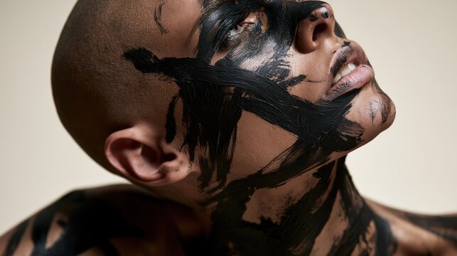 Close-up artistic portrait of person with dark skin and shaved head covered in abstract black paint strokes on face and neck against light background