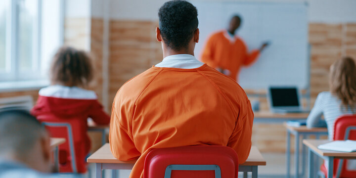 An educator in an orange jumpsuit leading a class of students in an educational setting. The students are seated at desks facing forward, with the teacher standing near a whiteboard