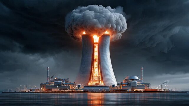 Nuclear Power Plant Explosion: A dramatic depiction of a nuclear power plant undergoing a catastrophic explosion, with a mushroom cloud of smoke and fire rising against a stormy sky.