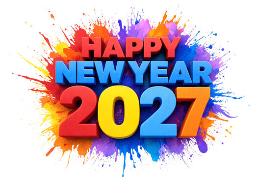 Colorful happy new year celebration with vibrant paint splashes and bold text for two thousand twentyseven