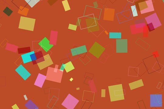 Colorful squares and rectangles on a red background