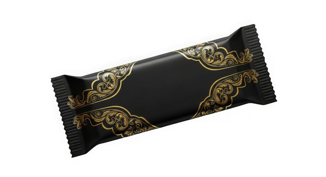 Chocolate candy bar with gold foil wrapping and embossed design. Luxury confectionery treat for gifting and premium branding packaging.