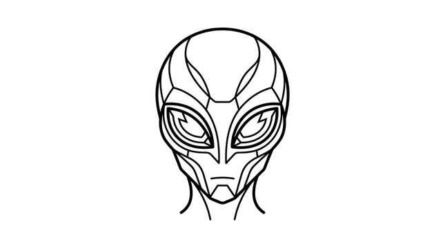 Detailed alien head featuring futuristic mechanical facial patterns rendered in clean bold black lines isolated on white background
