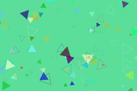 Colorful triangles on a green background with shapes
