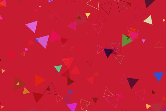 Colorful triangles on a red background with abstract shapes
