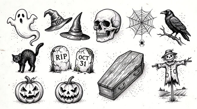 Set of halloween hand drawn sketch elements including pumpkin skull and ghost