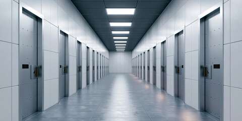 Fototapeta premium A modern, sterile corridor lined with identical doors under bright fluorescent lights. The long hallway stretches into the distance, creating a sense of repetition and order