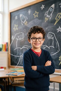 Confident Child With Drawn Superhero Strength Concept