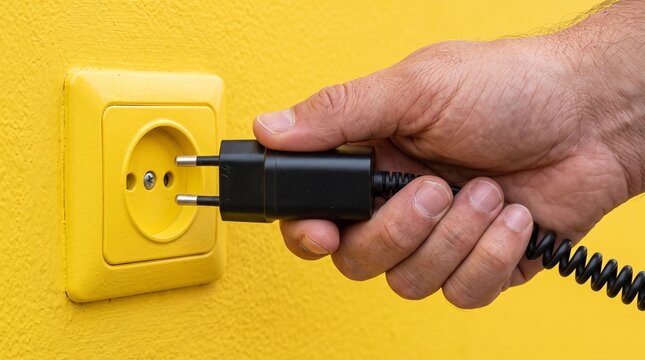 Hand plugging black electrical plug into yellow wall socket