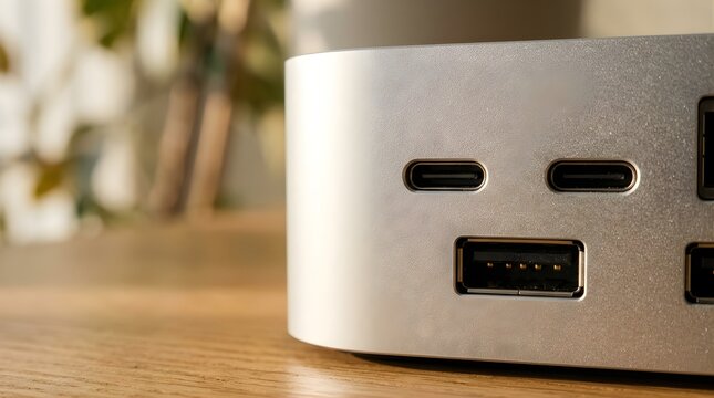 Silver computer ports on a metal device close up view for tech work