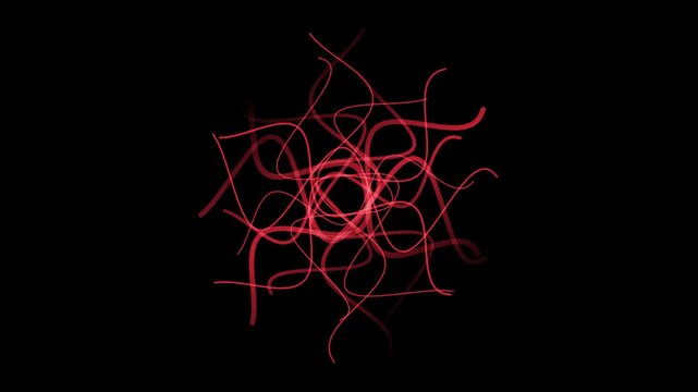 Glowing red lines loop and weave together to create a continuous abstract pattern on a dark background.