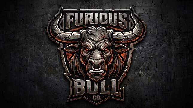 Furious bull logo design featuring aggressive metal mascot with stone texture detail and sharp horns isolated entirely on white background