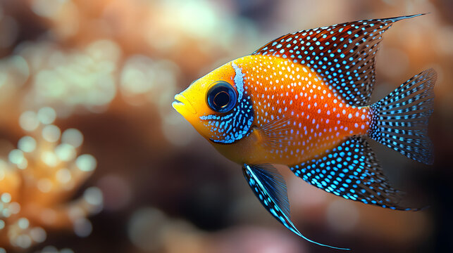 Bright colorful exotic cichlid fish swimming in aquarium underwater wildlife