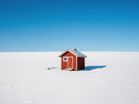 Small red wooden cabin standing alone in a vast snowy landscape under a clear bright blue winter sky