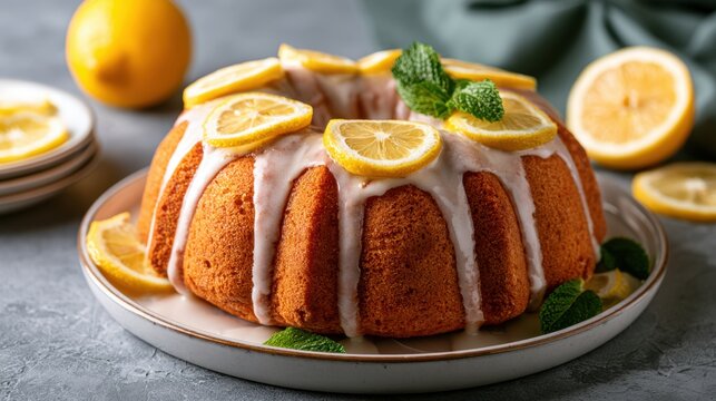 Moist lemon bundt cake with smooth white glaze and fresh lemon slice decoration on plate with mint leaves for dessert or snack