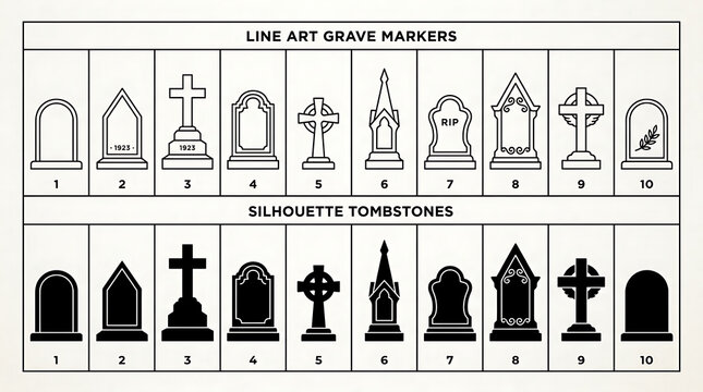 Set of line art and silhouette tombstone designs for grave markers with cemetery