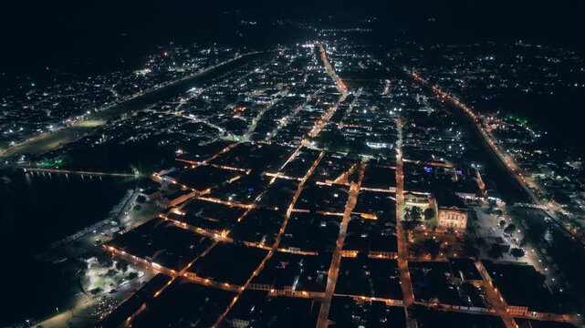 Aerial view of the colonial town of Paraty at night, Brazil