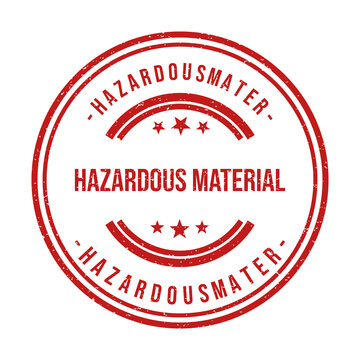 Red round rubber stamp with hazardous material text and star icons