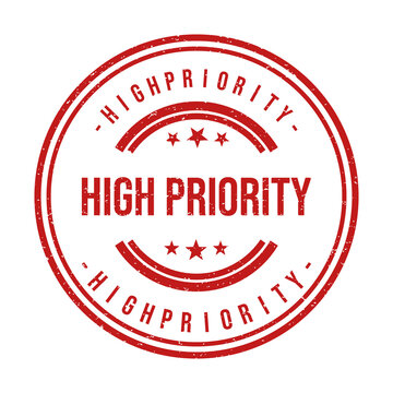 Red round rubber stamp with high priority text and star icons design