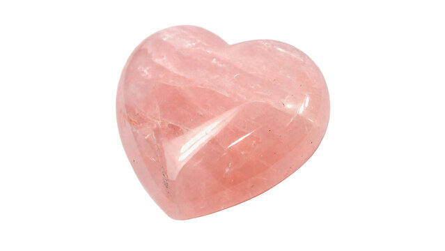 Polished pink rose quartz crystal gemstone carved into heart shape isolated on transparent background cut out