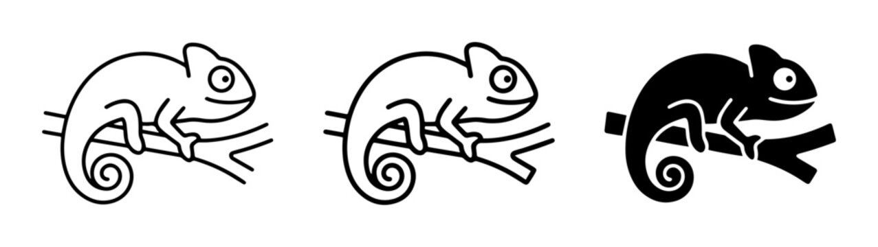 Chameleon Icons, Outline and Silhouette Vector Set, Reptile Art