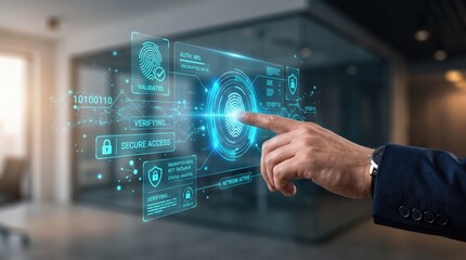 Fototapeta premium Biometric fingerprint authentication secure access control system with digital verification identity validation encrypted data network active status on futuristic interface.