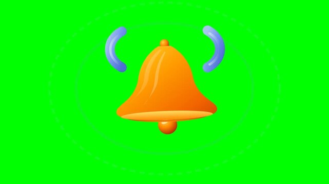 Animated 3D orange bell ringing with sound waves on green screen