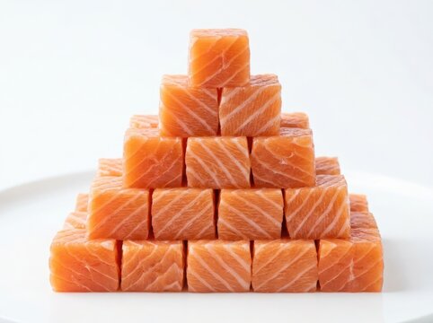 A pyramid made of fresh raw salmon fish cubes stacked together on a flat surface