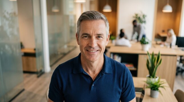 Confident Middle Aged Caucasian Professional Man Smiling At Camera In Modern Open Plan Office Workspace With Colleagues Working In The Background Blur