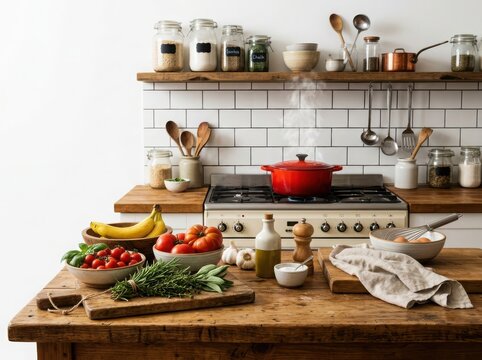 Fresh vegetables and fruits on a wooden kitchen counter with a red cooking pot on the stove in a cozy home kitchen