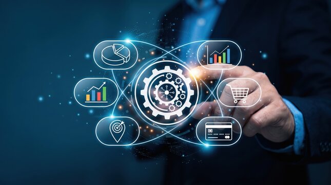 Businessman finger touching central gear icon surrounded by marketing symbols like shopping cart credit card and graphs representing digital strategy ecosystem