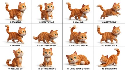 Obraz premium A delightful collection of twelve unique poses featuring a charming orange tabby cat, showcasing various actions and emotions from standing to stretching, perfect for animal lovers and pet-related co.