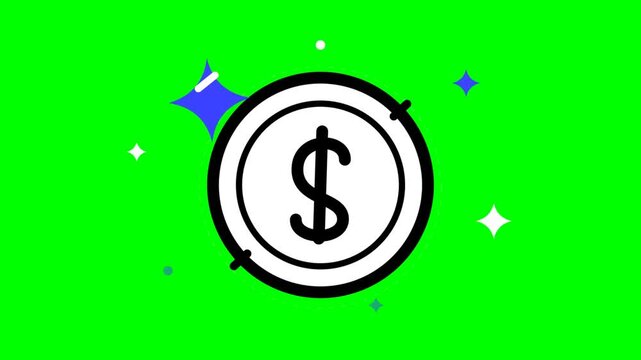 Rotating coin with dollar sign and sparkling stars animation on green screen