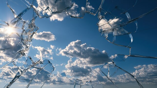 Broken transparent glass window with sharp jagged edges creating an opening revealing a bright blue sky with white fluffy clouds during daytime
