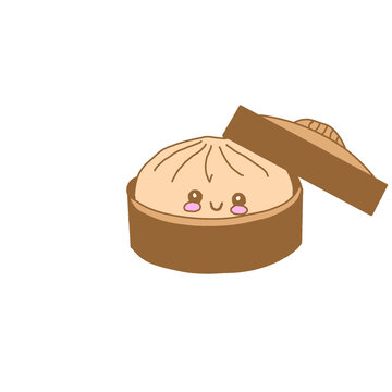 Cute Hand Drawn Smiling Dim Sum Dumpling in Bamboo Steamer Basket