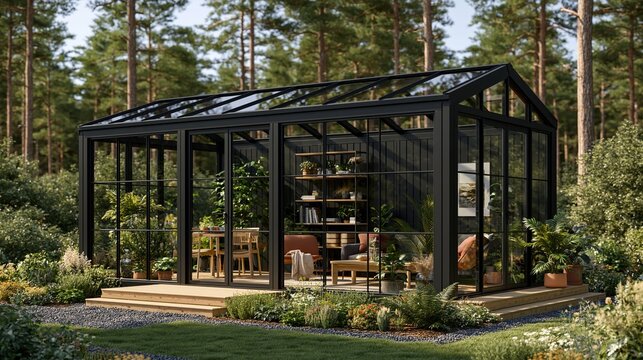 Modern black framed glass garden greenhouse converted into cozy living room, surrounded by lush blooming plants and tall pine trees in private wooded back yard