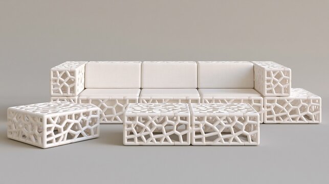 Modern modular sectional white sofa with matching coffee tables featuring intricate organic hollow geometric lattice pattern on plain neutral gray background