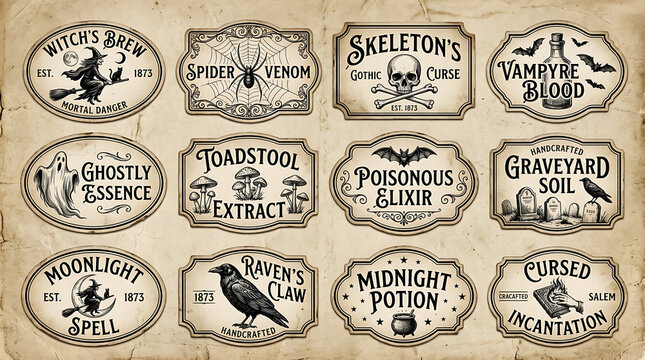 Set of vintage apothecary labels for magic potions and cursed items