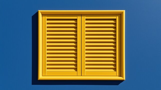 Closed yellow louvered window with fully shut shutters framed in yellow sits on solid textured deep blue wall, clean minimal geometric design with bold beautiful complementary color contrast