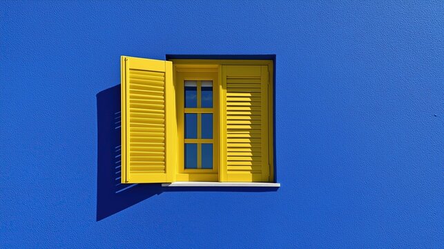 Bright yellow window with one open shutter sits on vivid textured blue building wall, classic mediterranean coastal architecture with strong beautiful complementary color contrast