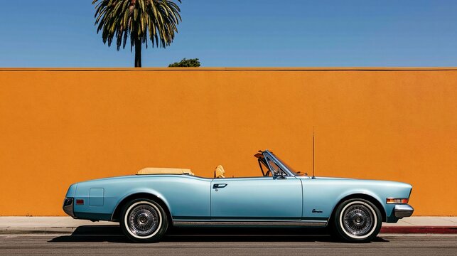 Vintage light blue classic open top convertible car parked along street next to bright solid orange wall with palm tree top under clear blue sky, retro warm summer california aesthetic