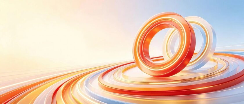 Two interlocking glowing transparent orange and white circular rings standing on concentric wavy layers on soft warm gradient background, modern futuristic abstract design for technology presentation