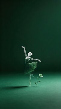 Beautiful abstract particle art of graceful ballerina dancing beside small blooming flower on solid deep green background representing art nature and elegant dance concepts