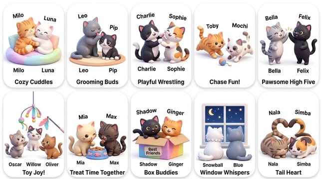 A delightful collection of ten individual cards, each showcasing two charming kittens engaged in different activities, from cozy cuddles to playful wrestling and shared meals, highlighting their comp.