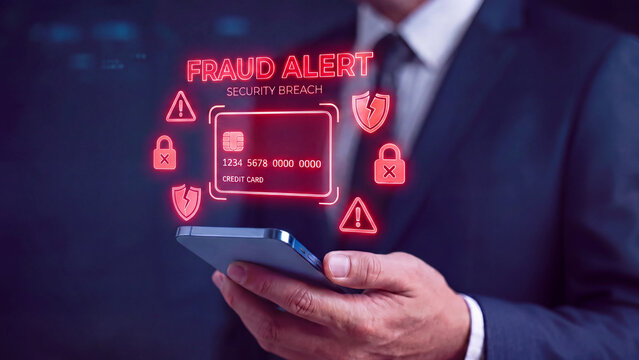 Fraud alert notification with credit card security breach warning on smartphone for online payment protection and financial cybercrime prevention