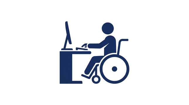 Accessible office work icon with a wheelchair user at a computer desk for disability employment and remote work