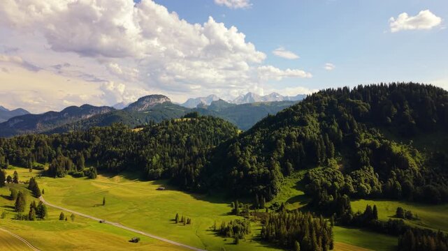 Lush green Heutal valley, Austrian Alps. Mountain nature landscape in Salzburg, aerial view in summer