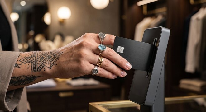 Tattooed hand inserting premium black credit card into sleek reader at luxury boutique